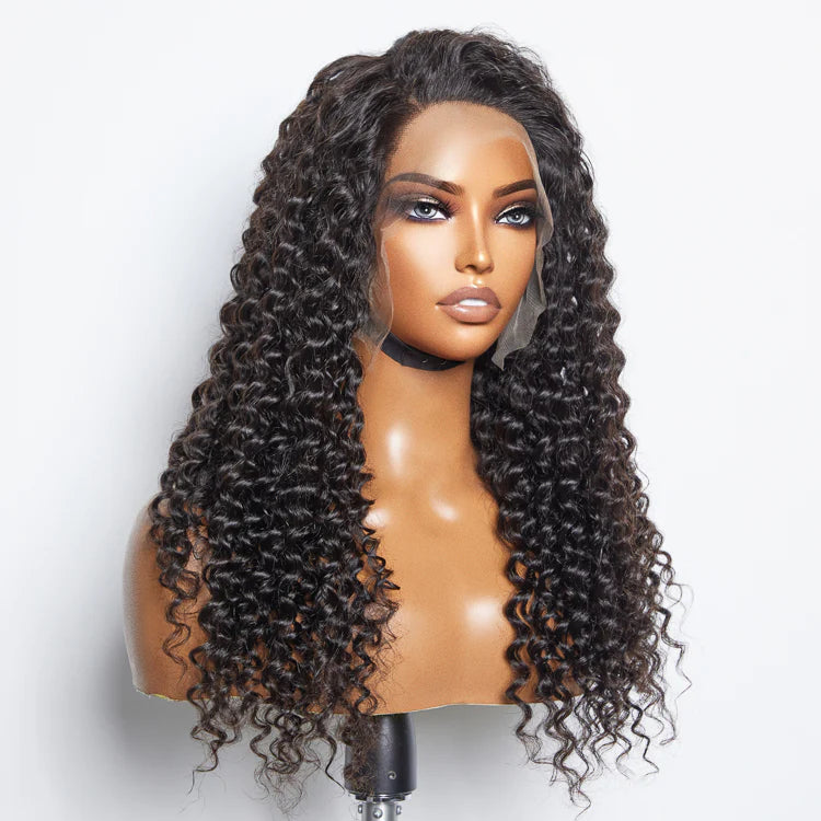 13x6 Glueless 3D cap pre-bleached deep curly transparent lace front wig