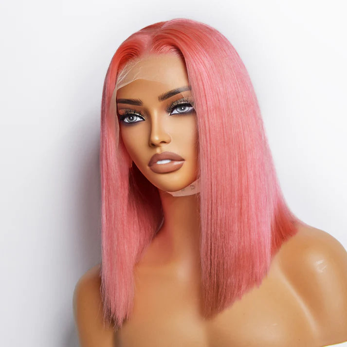 12" pre-plucked pink straight bob lace frontal wig 150% density 100% human hair