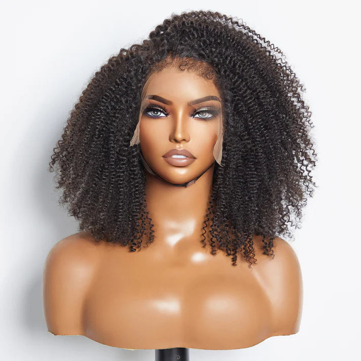 16" 13X4 AFRO KINKY CURLY 4 C EDGE HAIRLINE #1B LACE FRONTAL WIG 100% HUMAN HAIR DENSITY 150%