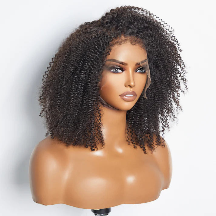 16" 13X4 AFRO KINKY CURLY 4 C EDGE HAIRLINE #1B LACE FRONTAL WIG 100% HUMAN HAIR DENSITY 150%