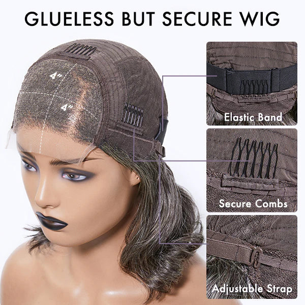 12" 4x4 Salt & Pepper loose wave beginner friendly glueless lace closure wig 100% human hair