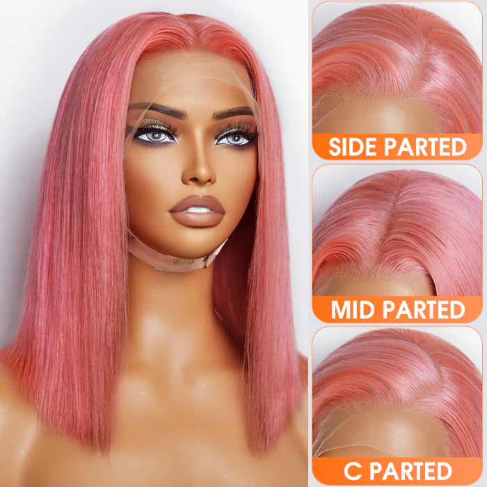 12" pre-plucked pink straight bob lace frontal wig 150% density 100% human hair