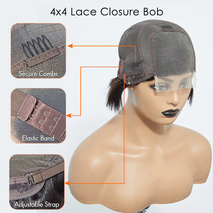 8" 4x4 #1b straight bob side part lace closure wig 100% human hair density 150%